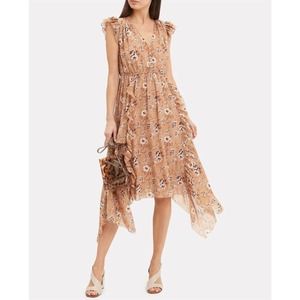 Ulla Johnson Ciel Beige Floral Silk Midi Dress